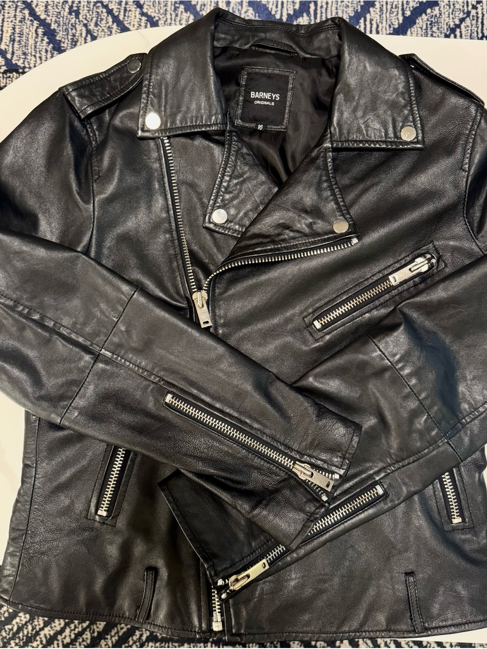 Barneys Originals Black Real Leather Asymmetrical Biker Moto Jacket Size 16